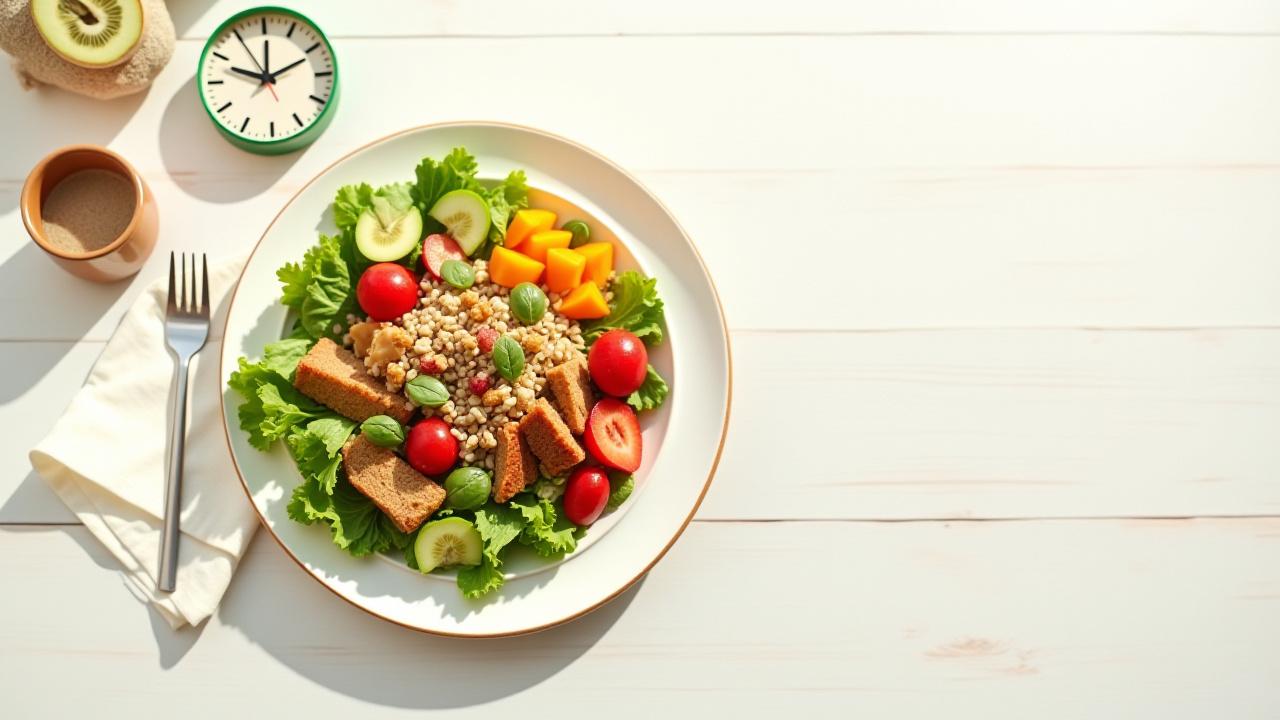 Flat-lay of a vibrant, healthy meal with a stylized clock in the background, symbolizing meal timing and health.