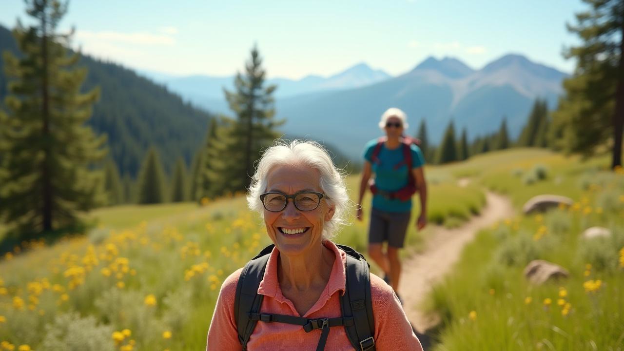 An active older adult hiking a scenic trail in Boulder, Colorado, with vibrant green vegetation and mountains in the background, signifying healthy aging and vitality.
