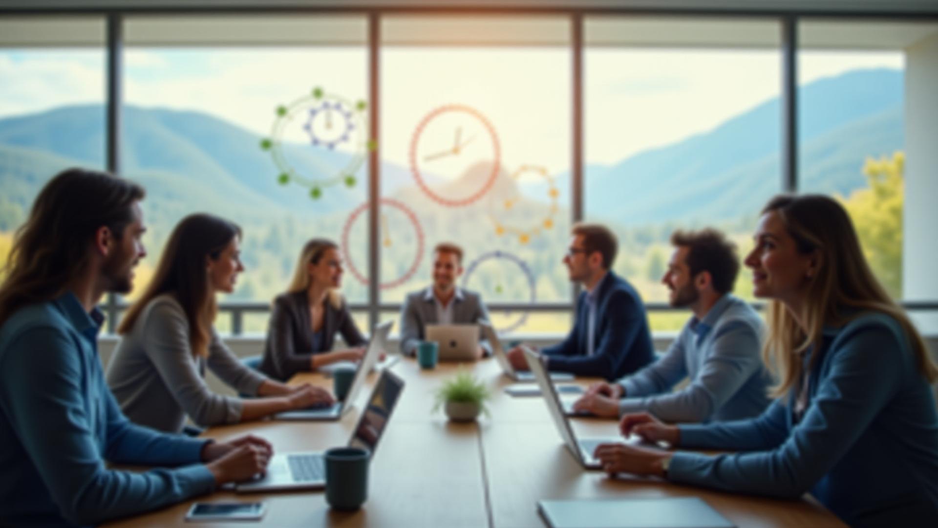 Engaged professionals in a modern, collaborative workshop setting focused on time-aware stress management